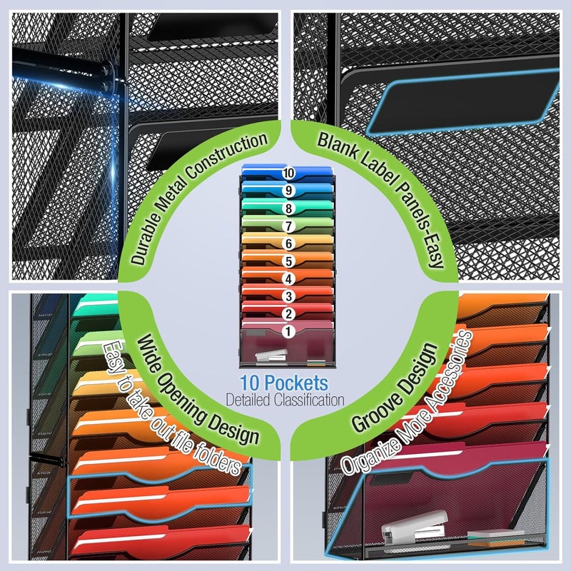 MINDEPOT 11 Tier Wall File Holder Hanging Wall Mount Paper File Organizer for Mails Folders Document Magazine Organization, for Office School Home, Black - Image 3
